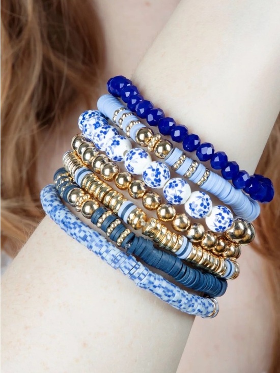 Jewelry - Stackable Blue & Gold Beaded Bracelet Set - Women Jewelry